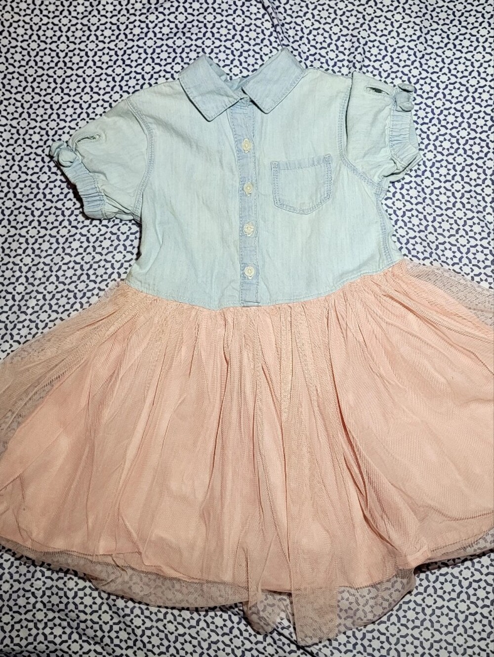 Denim Look Button Front Top with Blush Pink Tulle Skirt Dress